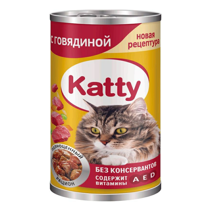 фото Влажный корм katty с кусочками говядины в соусе для кошек 415 г