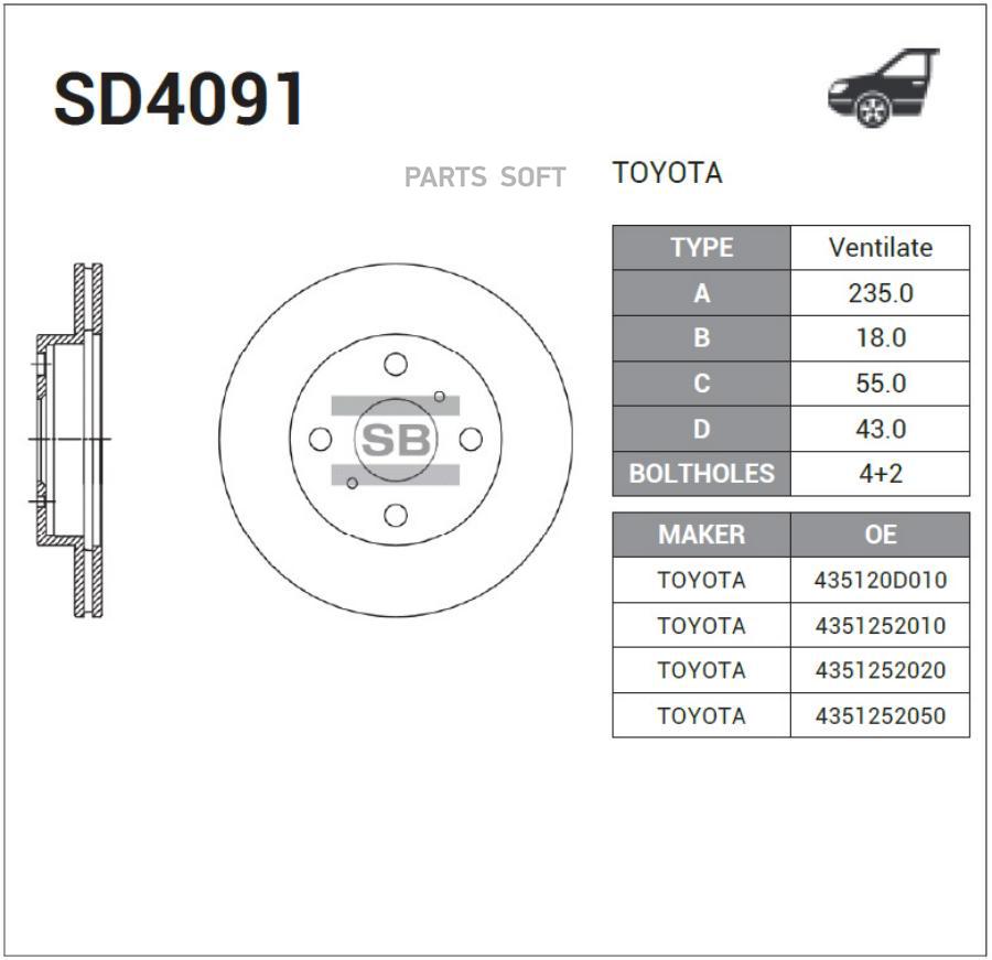 

Тормозной диск Sangsin brake комплект 1 шт. SD4091