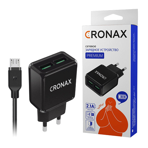 фото Сетевое зарядка cronax cr-205 (2.1a - 2 usb) с кабелем micro usb