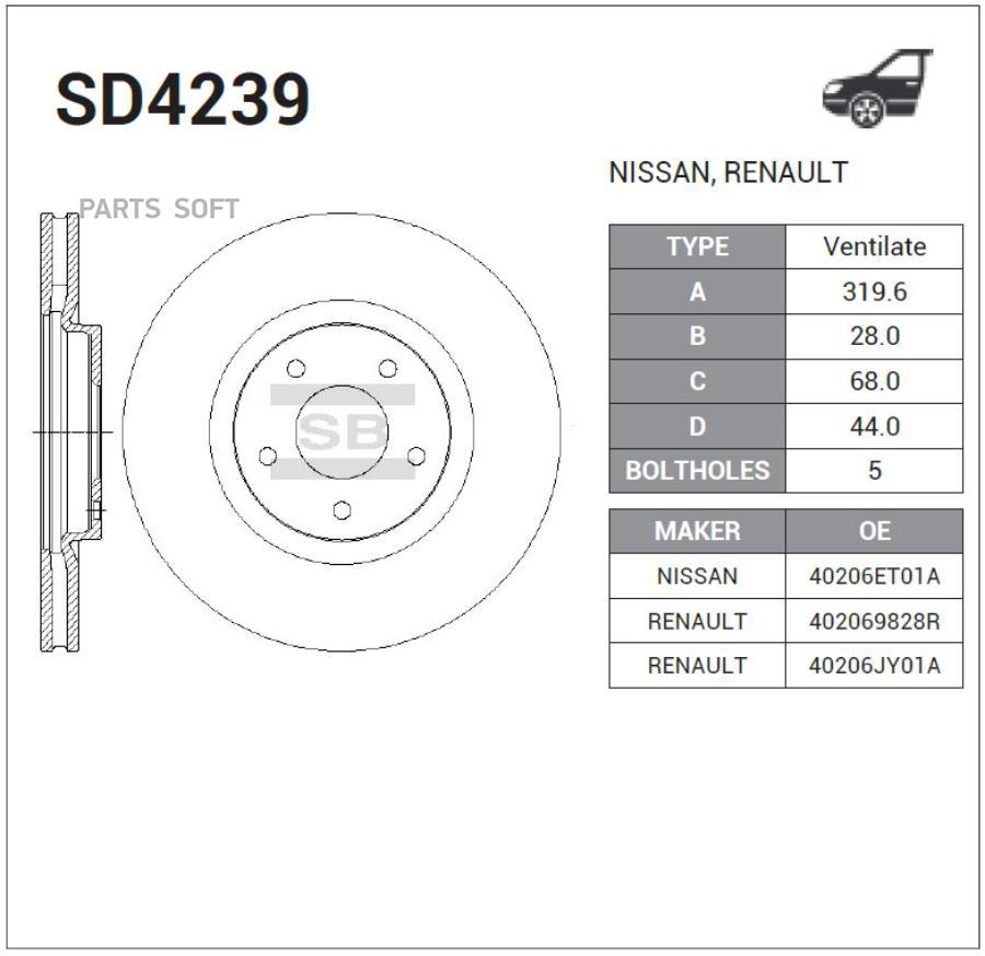 

Тормозной диск Sangsin brake комплект 1 шт. SD4239