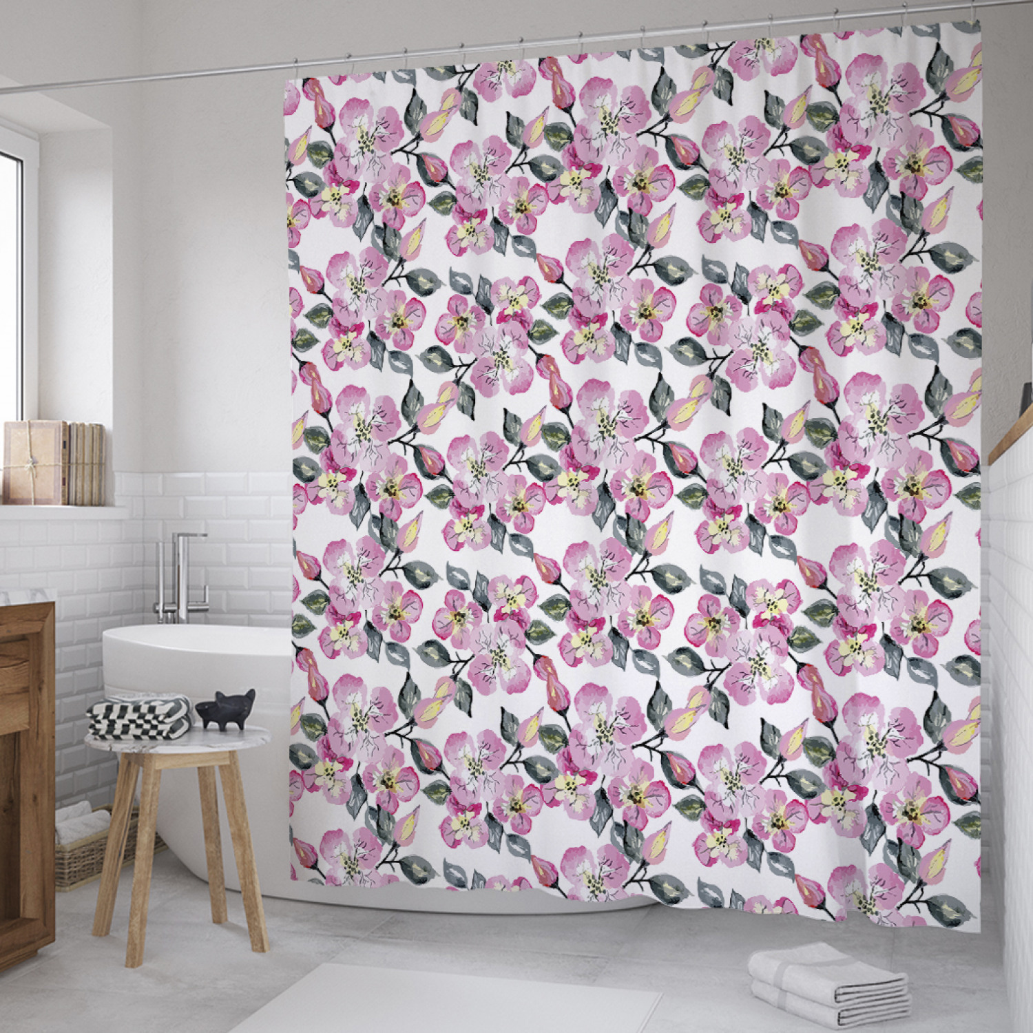 

Штора для ванной JoyArty "Цветущие ветки" из сатена, 180х200 см с крючками, Розовый, Цветущие ветки