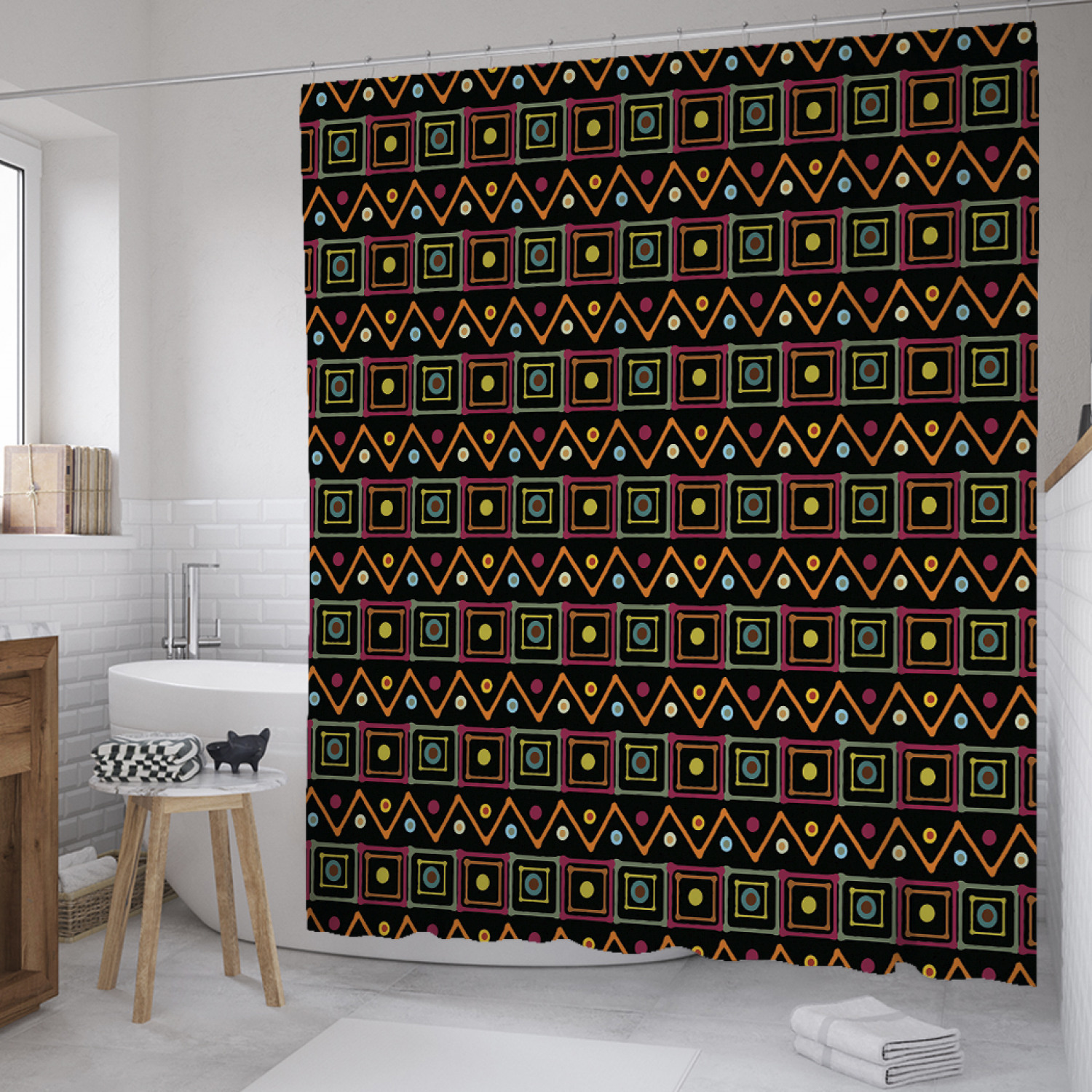 

Штора для ванной JoyArty "Геометрический этнос" из сатена, 180х200 см с крючками, Зеленый, Геометрический этнос