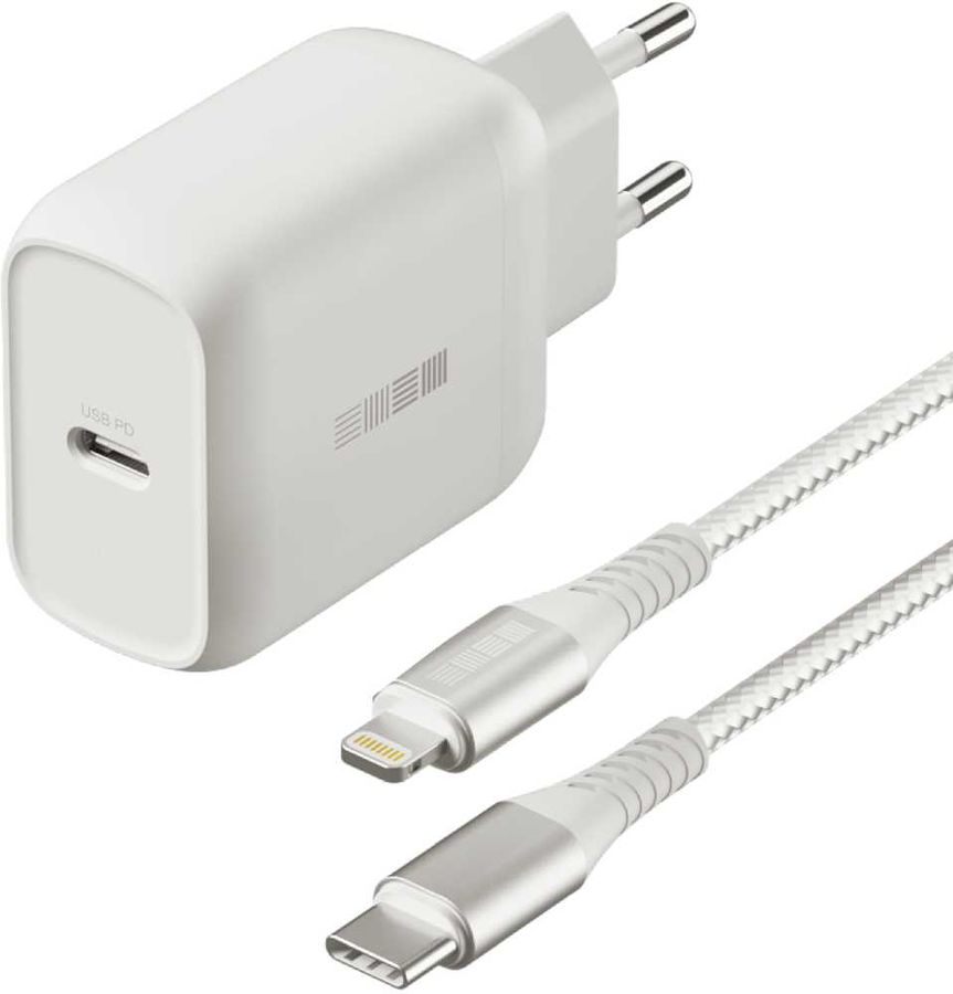 фото Сетевое зарядное устройство interstep 1xusb type-c, lightning, 3 a, white