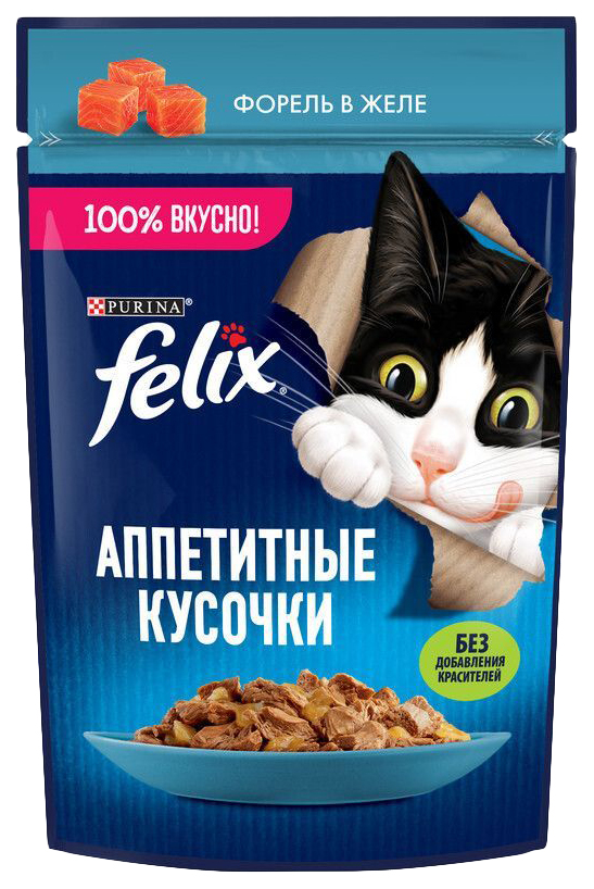 

Влажный корм для кошек Felix Аппетитные кусочки с форелью в желе, 75 г, Аппетитные кусочки