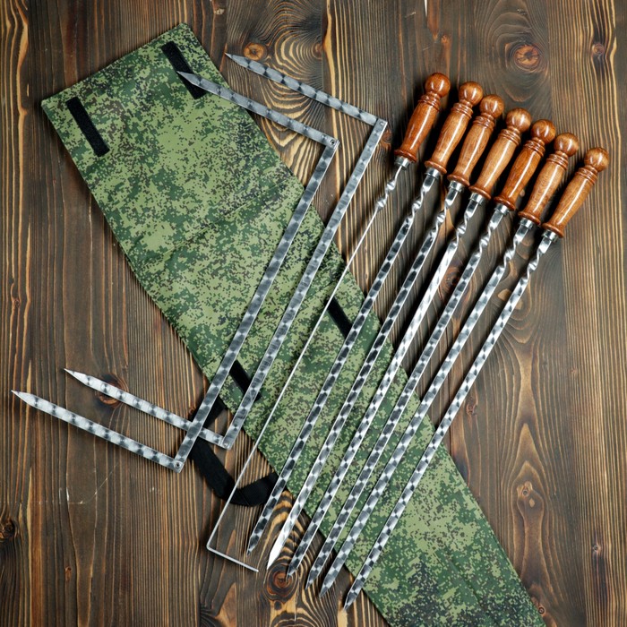 

Набор 6 шампуров 50 см, складной мангал, кочерга в камуфляжном чехле