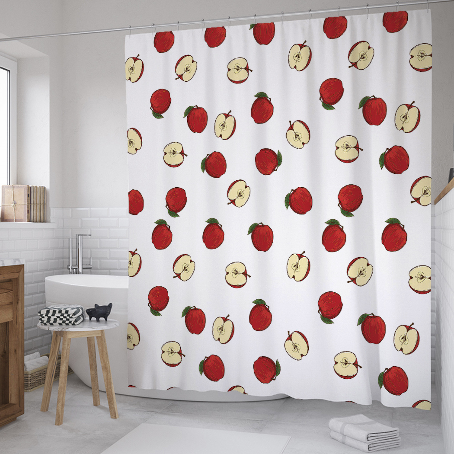 

Штора для ванной JoyArty "Райские яблочки" из сатена, 180х200 см с крючками, Белый, Райские яблочки