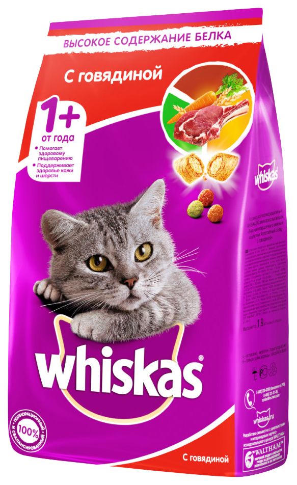 

Сухой корм для кошек Whiskas Вкусные подушечки с нежным паштетом говядина, 1,9 кг