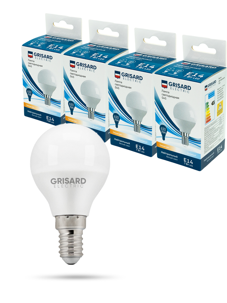 фото Лампа светодиодная grisard electric шар g45 e14 7вт 4000к 220в,4штуки/уп