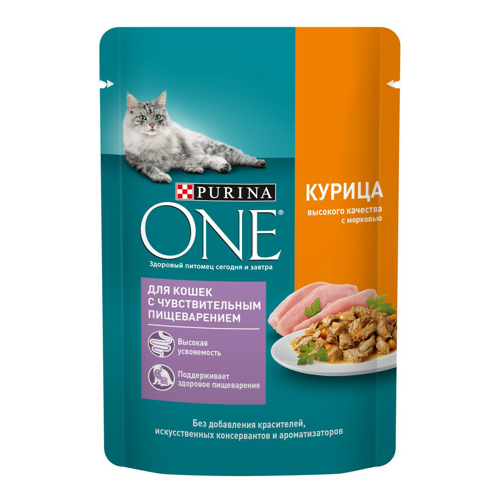 фото Влажный корм purina one с курицей и морковью для кошек с чувствительным пищеварением 75 г