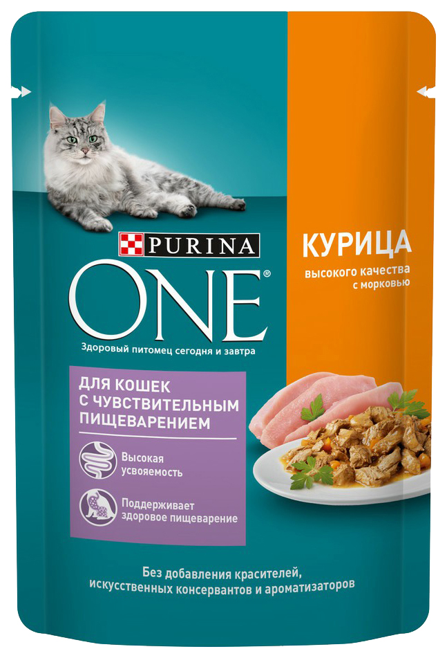 фото Влажный корм для кошек с purina one с курицей и морковью, 75 г