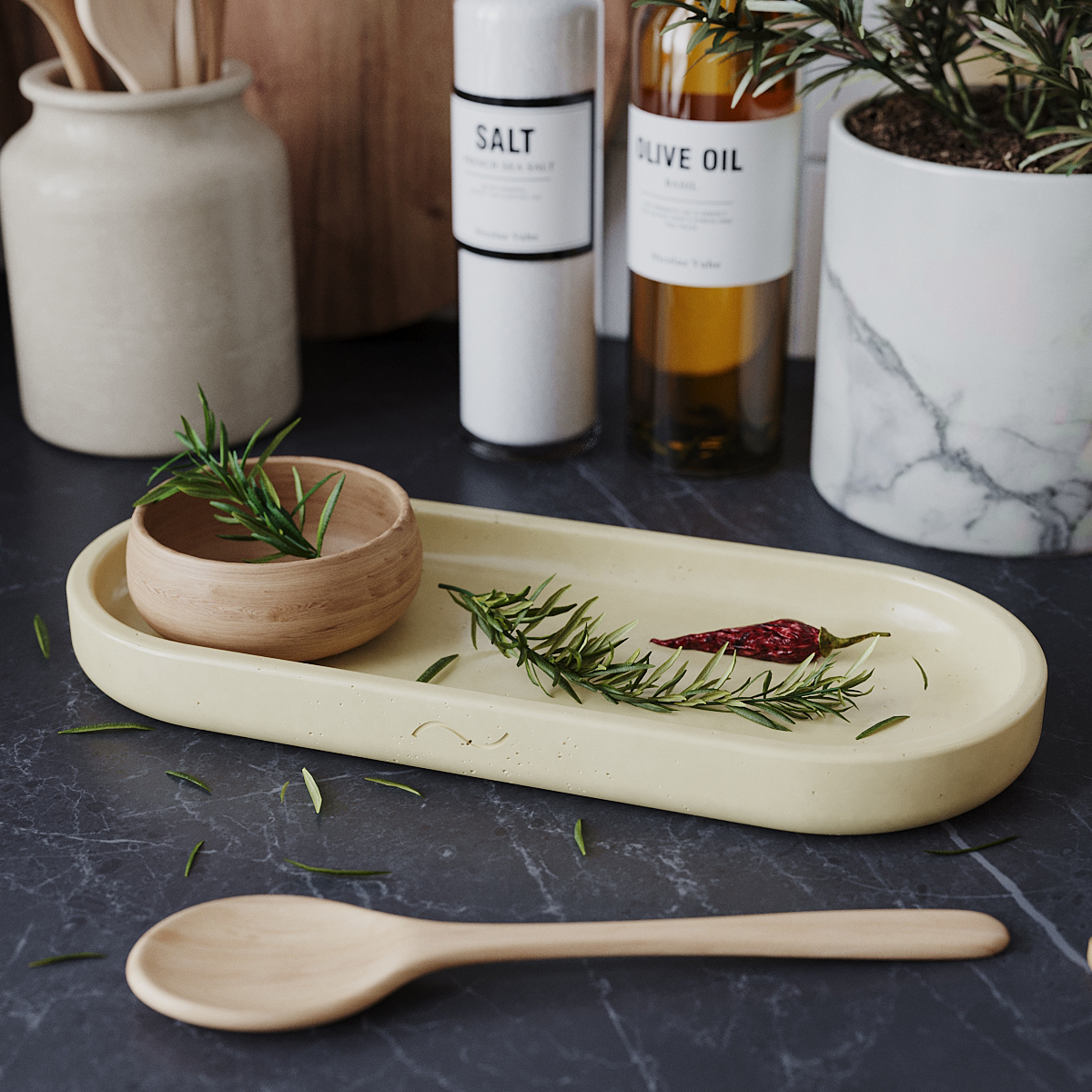 Поднос декоративный кухонный MUSKO HOME Ben S, 26x11 см, бетон, кремовый глянцевый