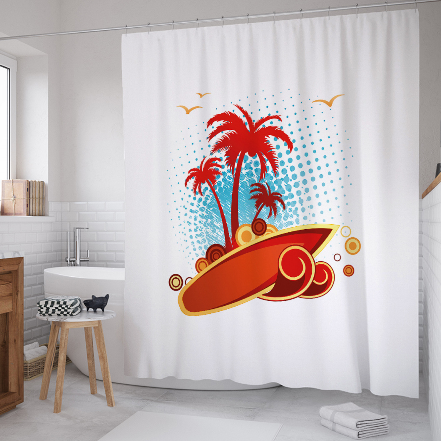 

Штора для ванной JoyArty "Серф у пальм" из сатена, 180х200 см с крючками, Белый, Серф у пальм