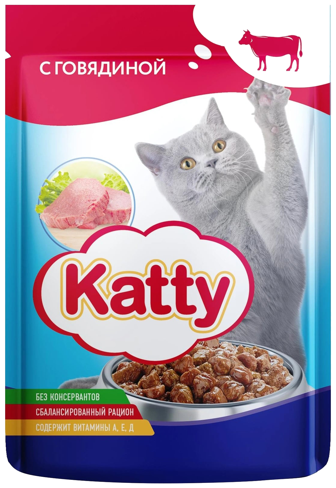 Влажный корм для кошек Katty с говядиной в соусе, 85 г
