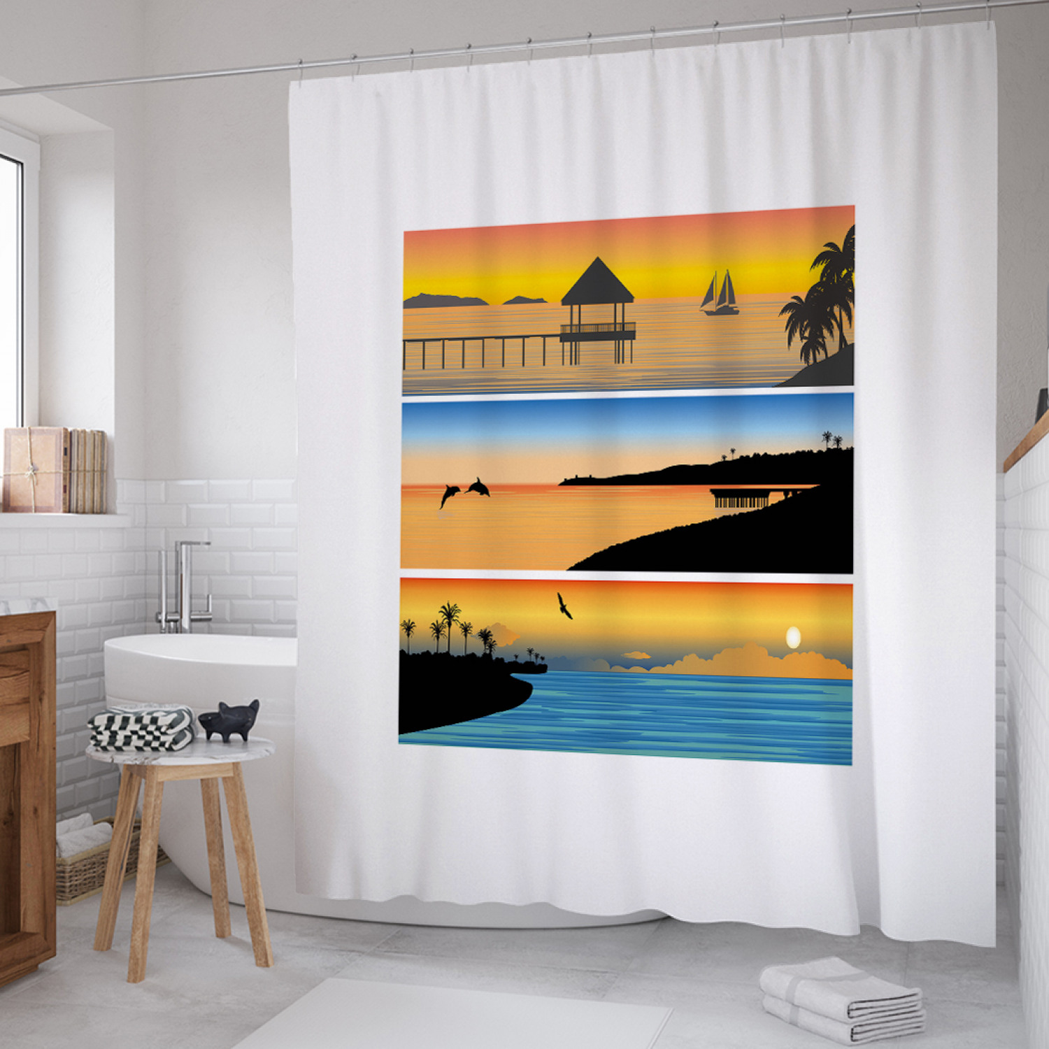 

Штора для ванной JoyArty "Триптих курортного отдыха" из сатена, 180х200 см с крючками, Белый, Триптих курортного отдыха