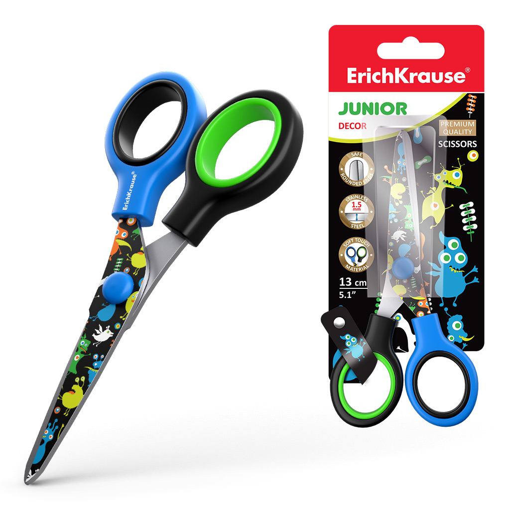 Ножницы детские ErichKrause Junior Decor Funny Monsters с принтом на лезвиях, 13см 53212