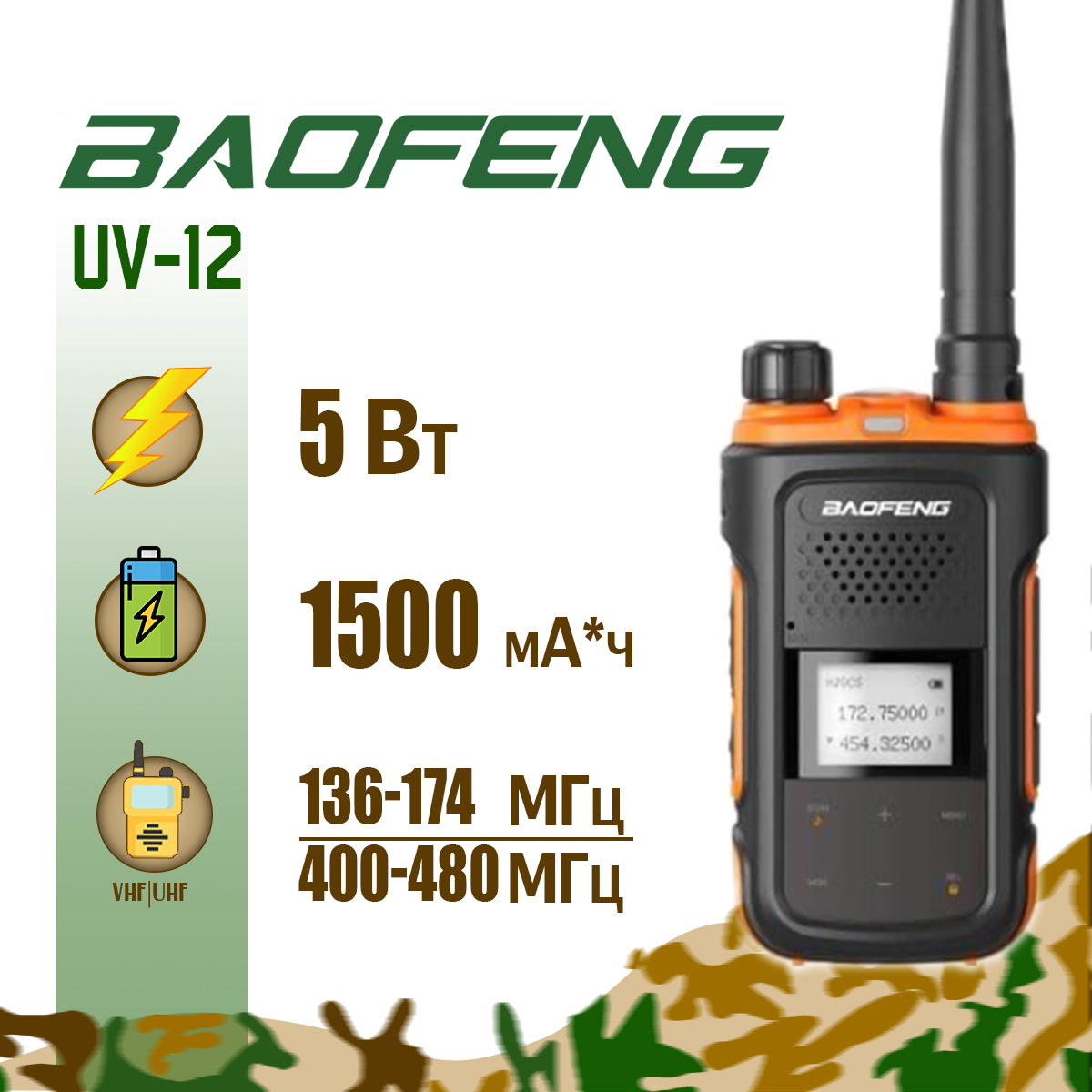 

Портативная радиостанция Baofeng BF-UV12 / Черный с радиусом до 5 км, BF-UV12