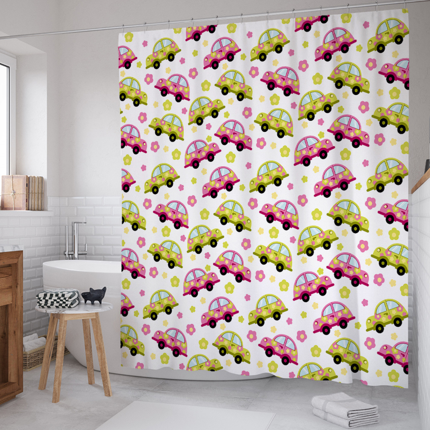 

Штора для ванной JoyArty "Цветочные машинки" из сатена, 180х200 см с крючками, Белый, Цветочные машинки