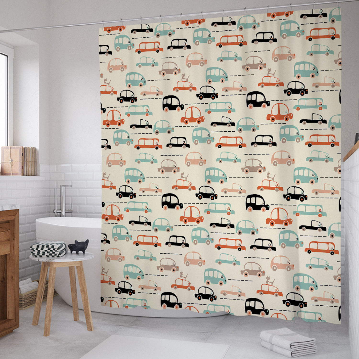 

Штора для ванной JoyArty "Легковушка и кот на крыше" из сатена, 180х200 см с крючками, Бежевый, Легковушка и кот на крыше