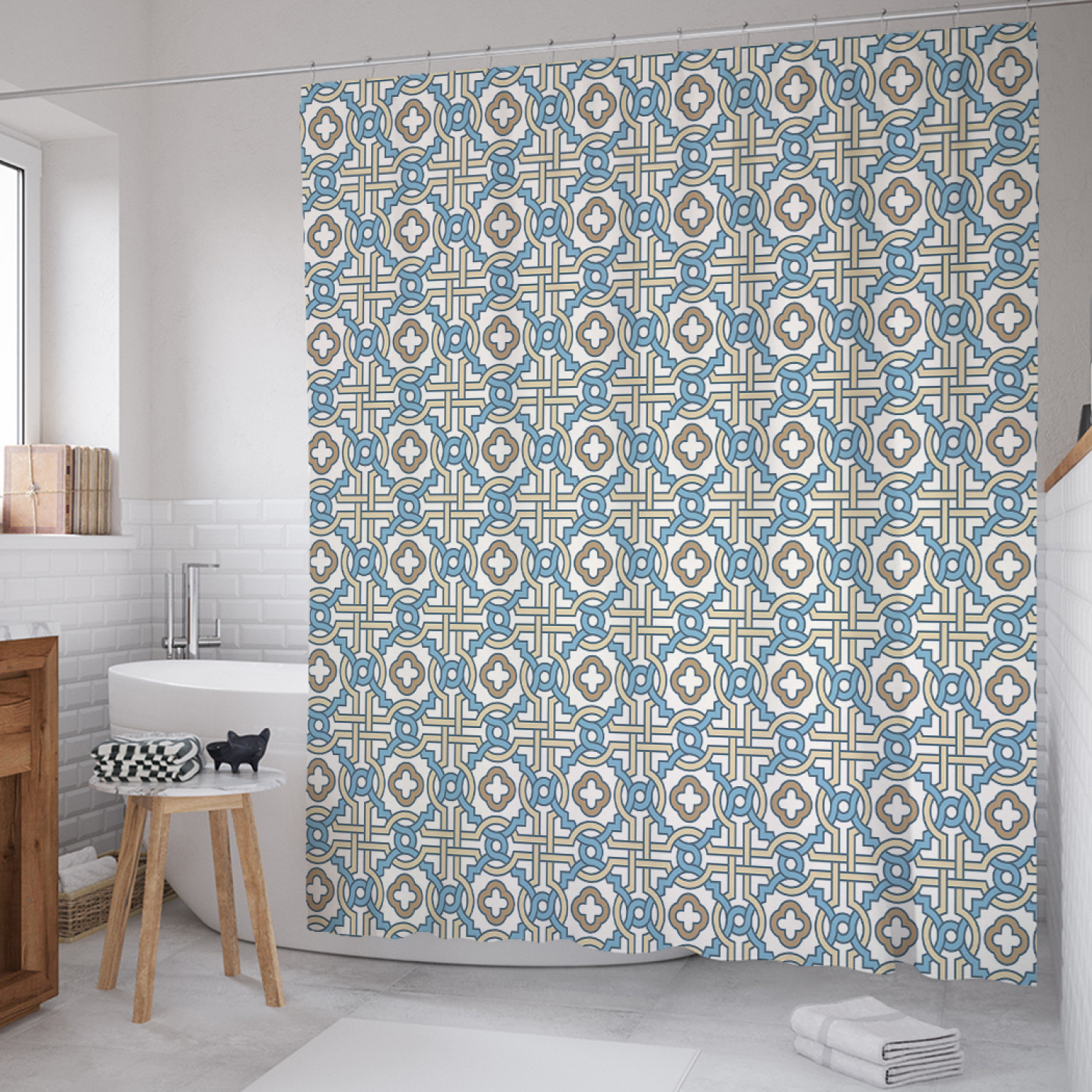 

Штора для ванной JoyArty "Марокканский вектор" из сатена, 180х200 см с крючками, Голубой, Марокканский вектор