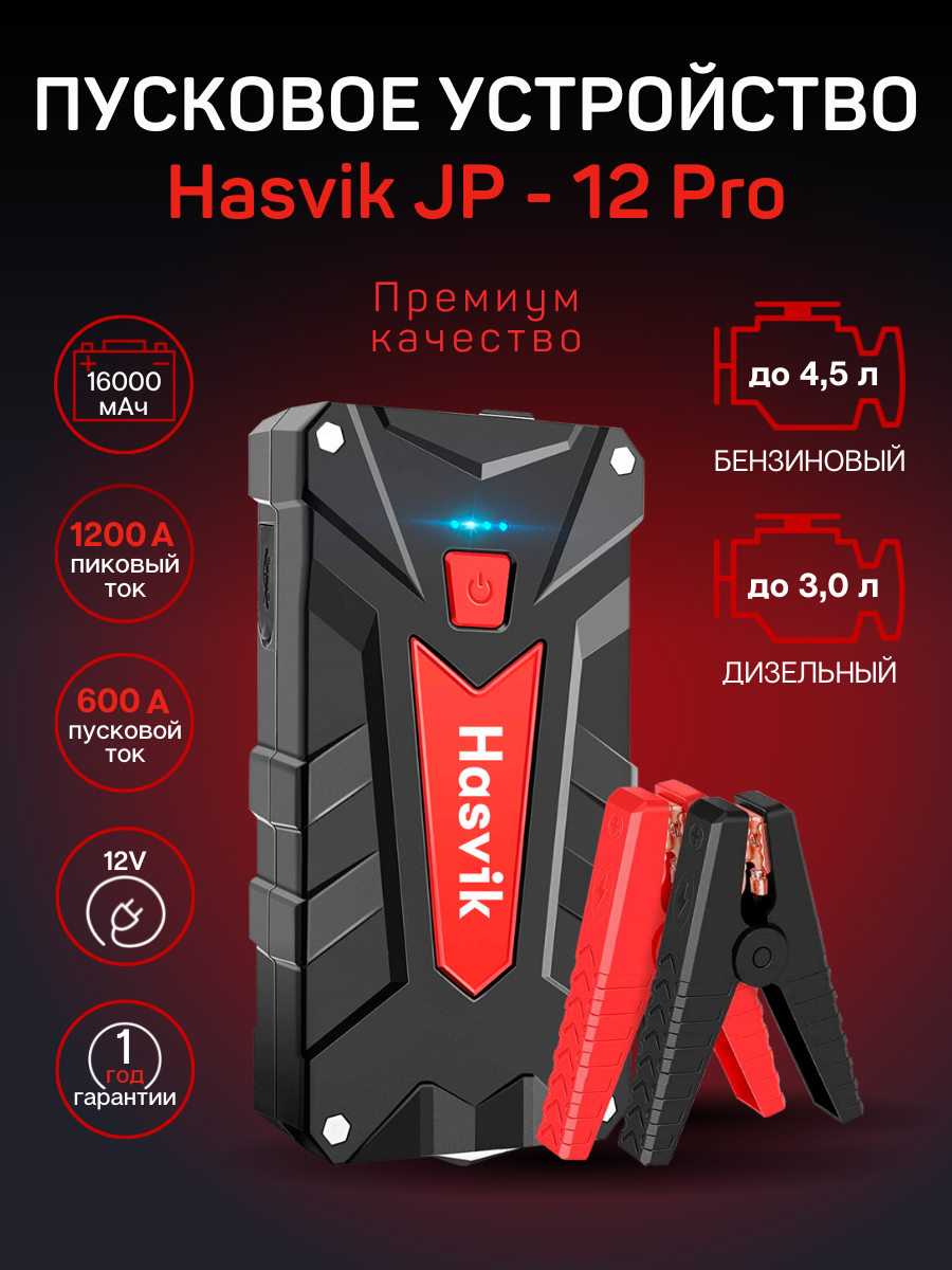 Пусковое устройство Hasvik JP-12Pro, Емкость 16000 мАч, для запуска двигателей до 4.5 л