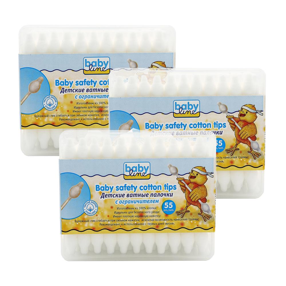 

Детские ватные палочки Babyline с ограничителем в пластиковом боксе, 2x55 шт.