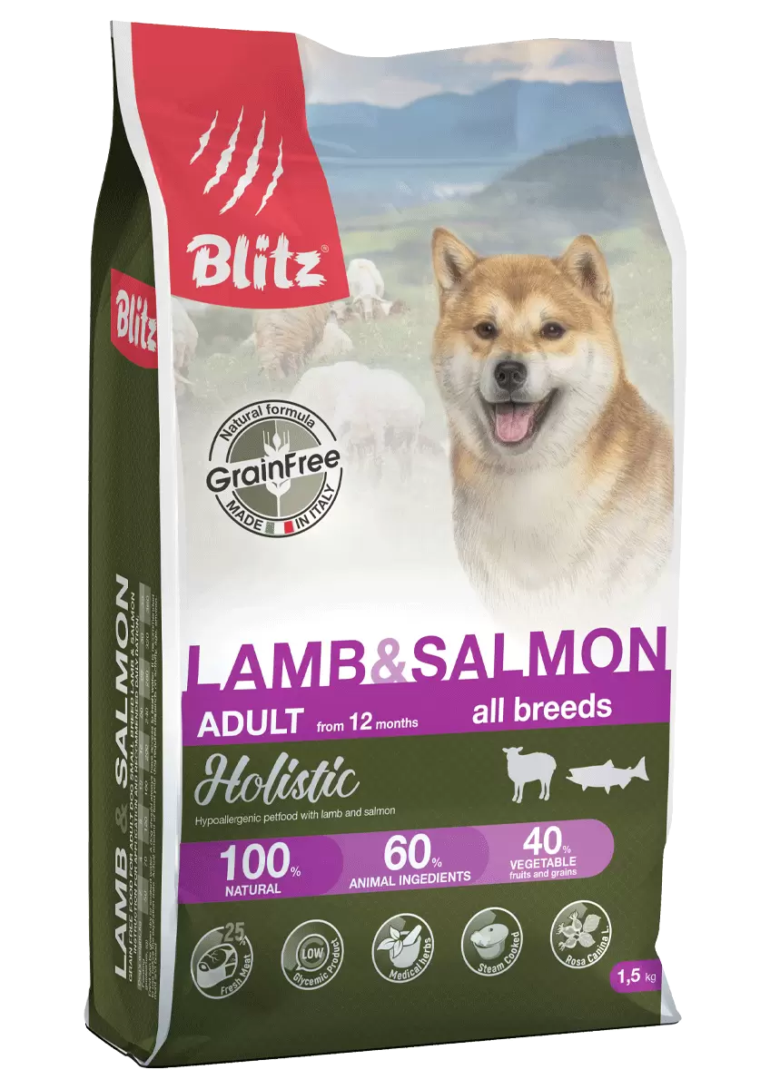 

Сухой корм для собак BLITZ Holistic ADULT, беззерновой, ягненок и лосось, 1,5 кг