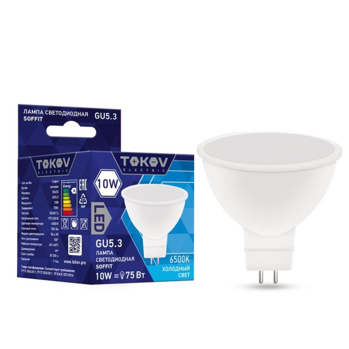 

Лампа светодиодная TOKOV ELECTRIC, 10 Вт, Soffit, 6500 К, GU5.3, 176-264В
