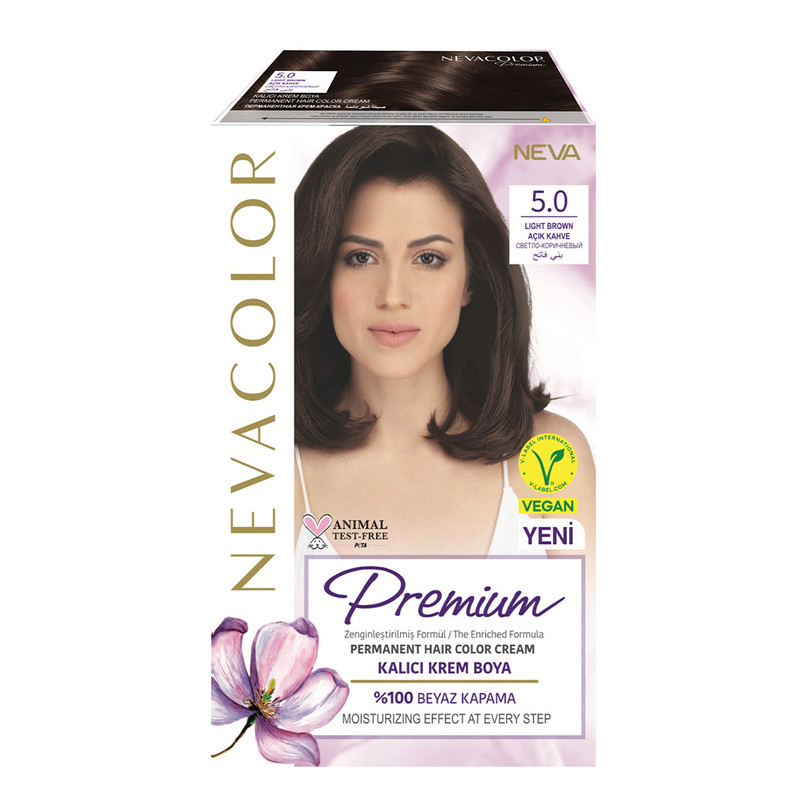 Крем-краска для волос Neva Premium стойкая 5.0 светло-коричневый стойкая крем краска для волос neva naturalis vegan 9 0 интенсив очень светлый каштан 2шт
