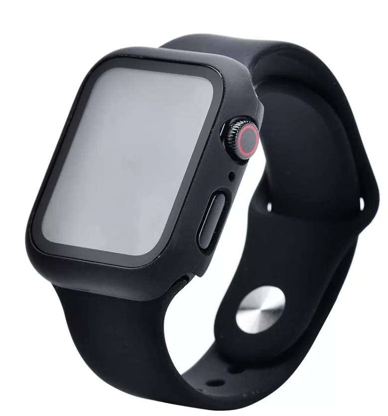 Защитное стекло на Apple Watch, 45mm, черное с силиконовым чехлом