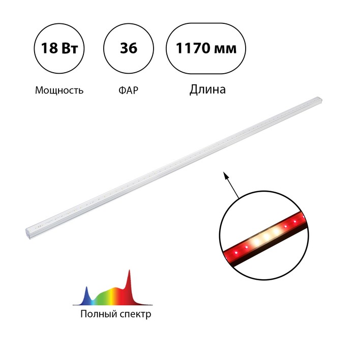 фото Фитосветильник светодиодный, 18 вт, 1170 мм, ip20, полный спектр, бело-красный, «эра»