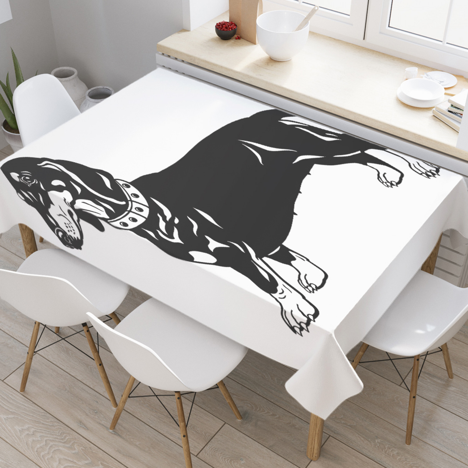 

Скатерть прямоугольная на кухонный стол JoyArty "Такса в ошейнике" из оксфорда, 180x145 см, Белый, Такса в ошейнике