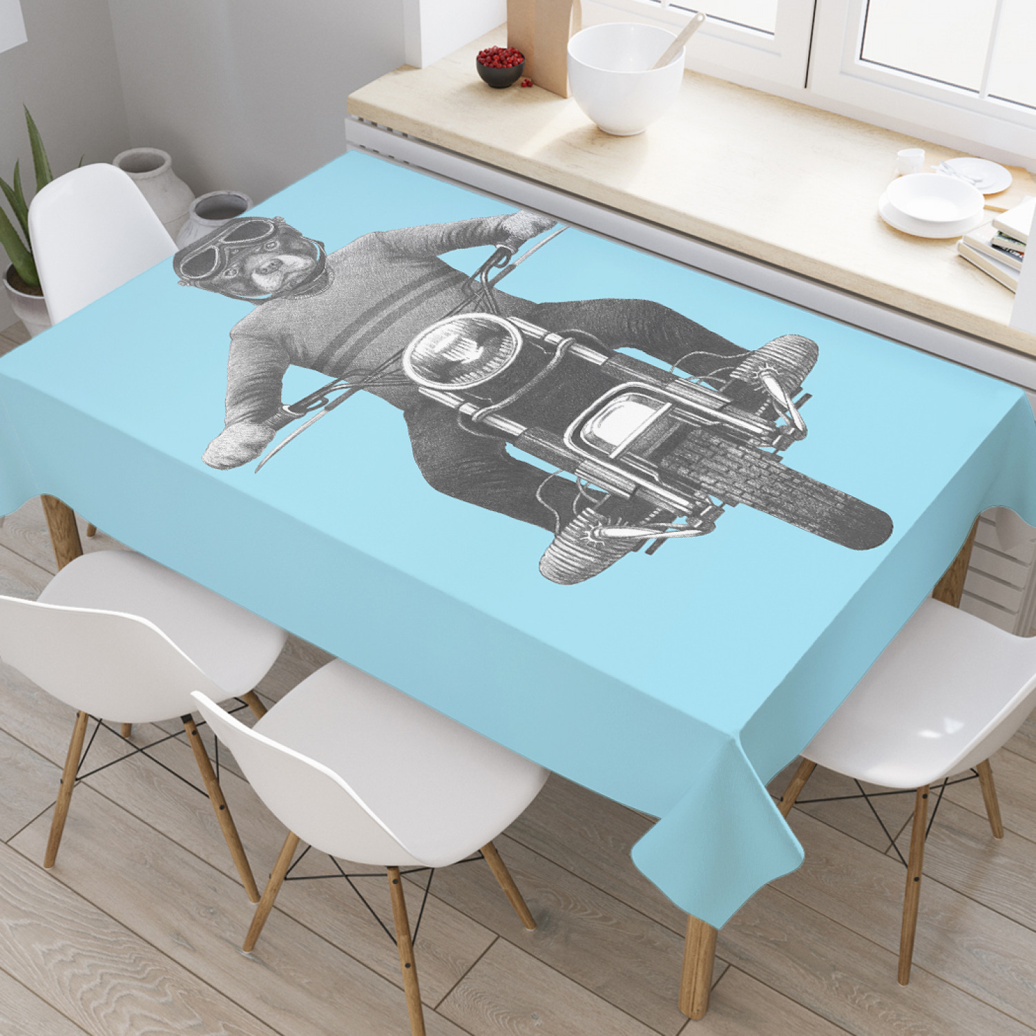 

Скатерть прямоугольная JoyArty "Байкер с собачьей мордой" из оксфорда, 180x145см, Голубой, Байкер с собачьей мордой