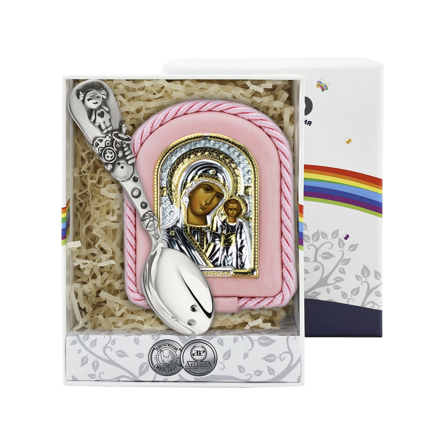 фото Набор детский крестильный казанская божья матерь посеребренный (икона +ложка) кольчугинский мельхиор