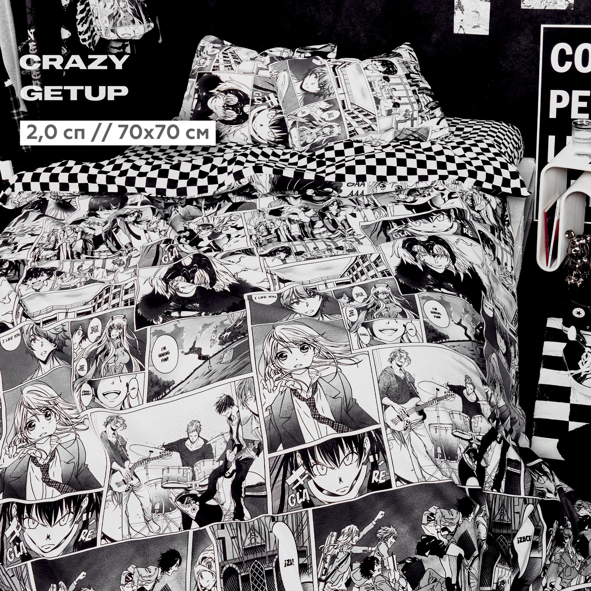 

КПБ 2.0 перкаль "Crazy Getup" (70х70) рис. 16591-1/16400-1 Anime manga, Белый;черный, Crazy Getup перкаль