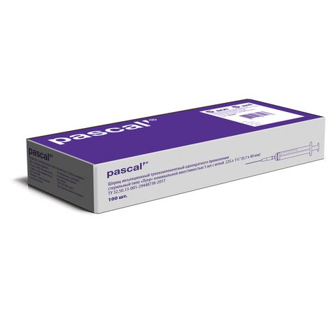 

Шприц 3-х компонентный PASCAL 5 мл КОМПЛЕКТ 100 шт. в коробке игла 0,7х40 22G 120407