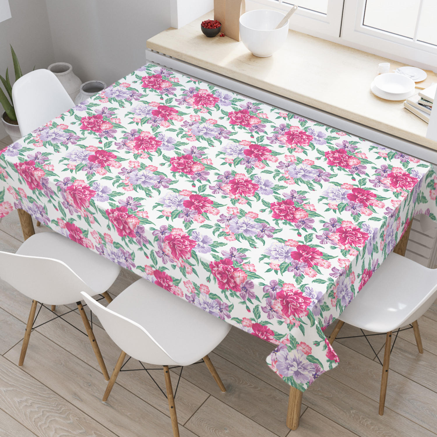 

Скатерть прямоугольная на кухонный стол JoyArty "Яркие букеты" из оксфорда, 180x145 см, Белый, Яркие букеты