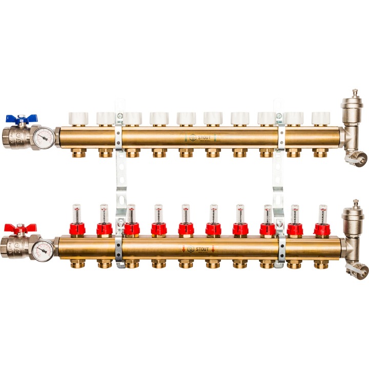 фото Распределительный коллектор stout smb с расходомерами на 10 контуров 1"x3/4"