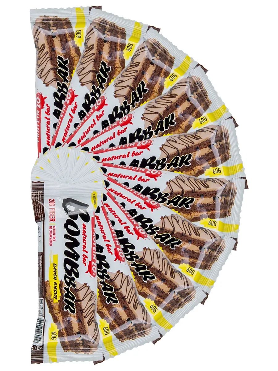 

Протеиновые батончики Bombbar без сахара, набор 30x60г (датский бисквит)