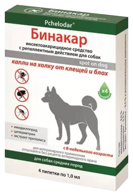 Капли инсектоакарицидные для собак средних пород Pchelodar Бинакар, 1 мл, 4 пипетки