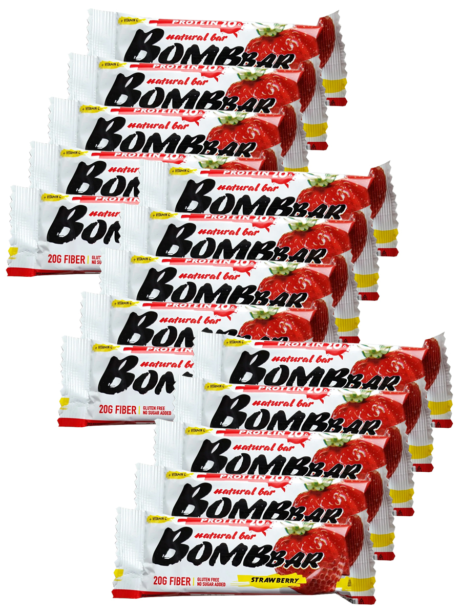Протеиновые батончики Bombbar без сахара, набор 15x60г (клубника)