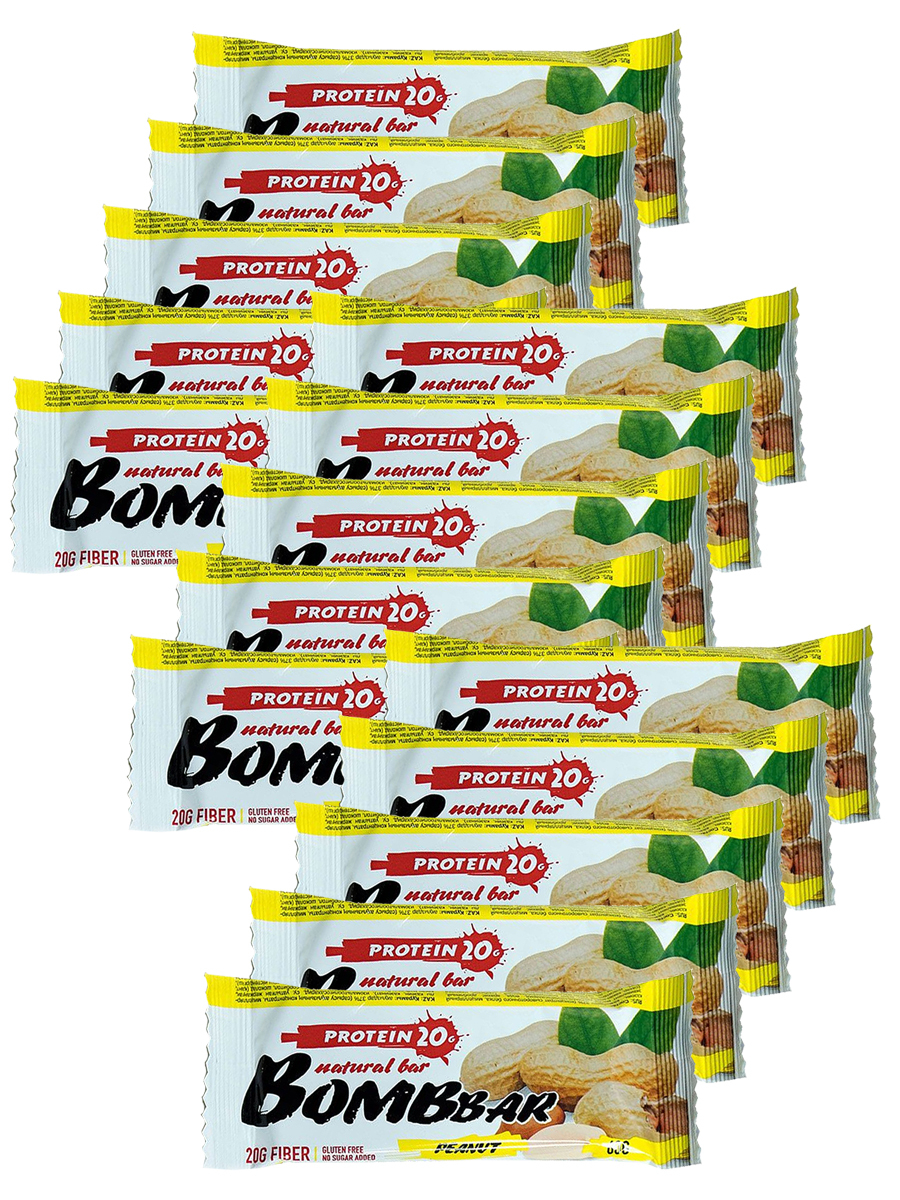 Протеиновые батончики Bombbar без сахара, набор 15x60г (арахис)
