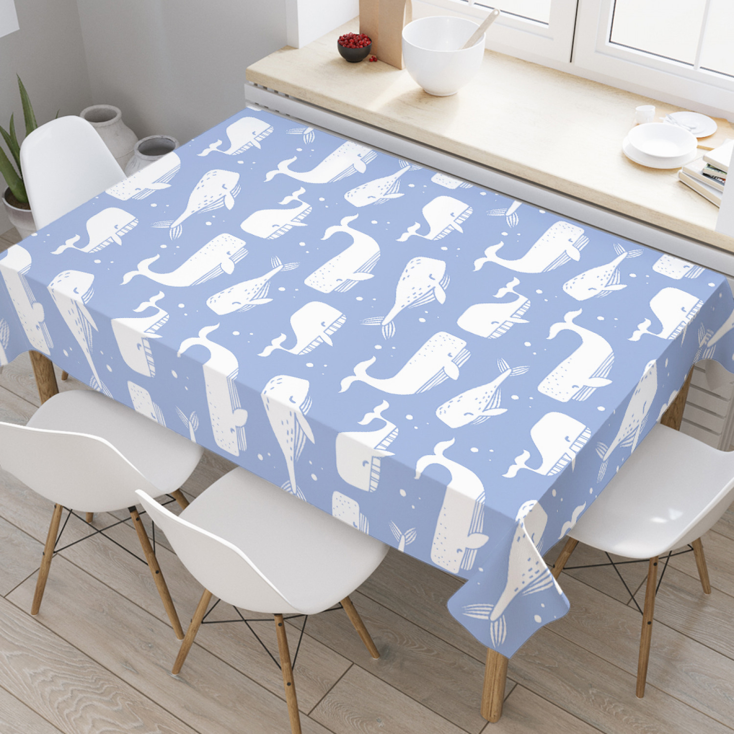 

Скатерть прямоугольная на кухонный стол JoyArty "Китовый мир" из оксфорда, 180x145 см, Голубой, Китовый мир