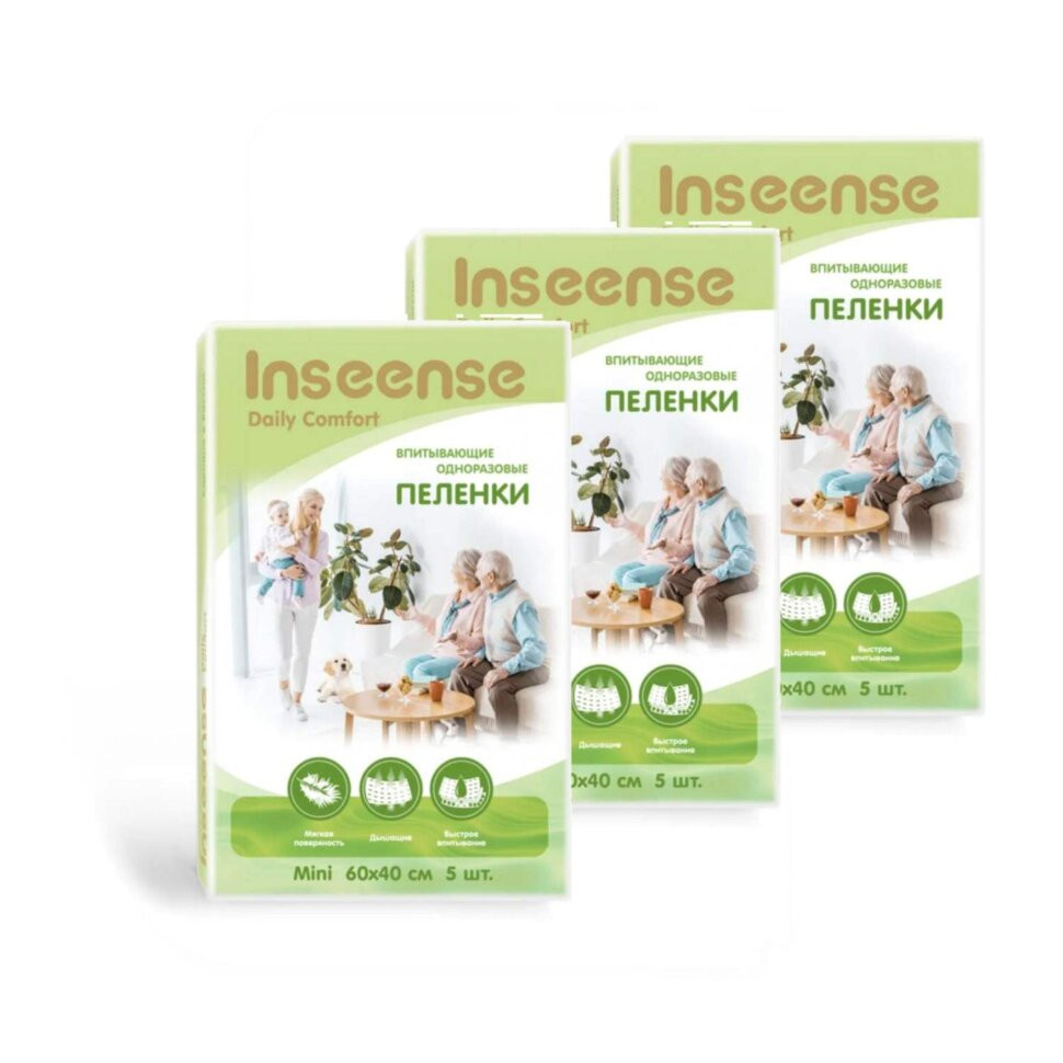 фото Пеленки inseense daily comfort впитывающие одноразовые 60 х 40 см набор из 3 шт х 5 шт