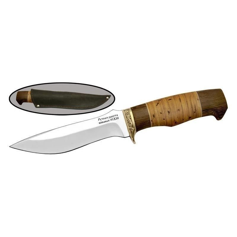 фото Охотничий нож ворсма, сталь 95х18, рукоять береста, орех, латунь