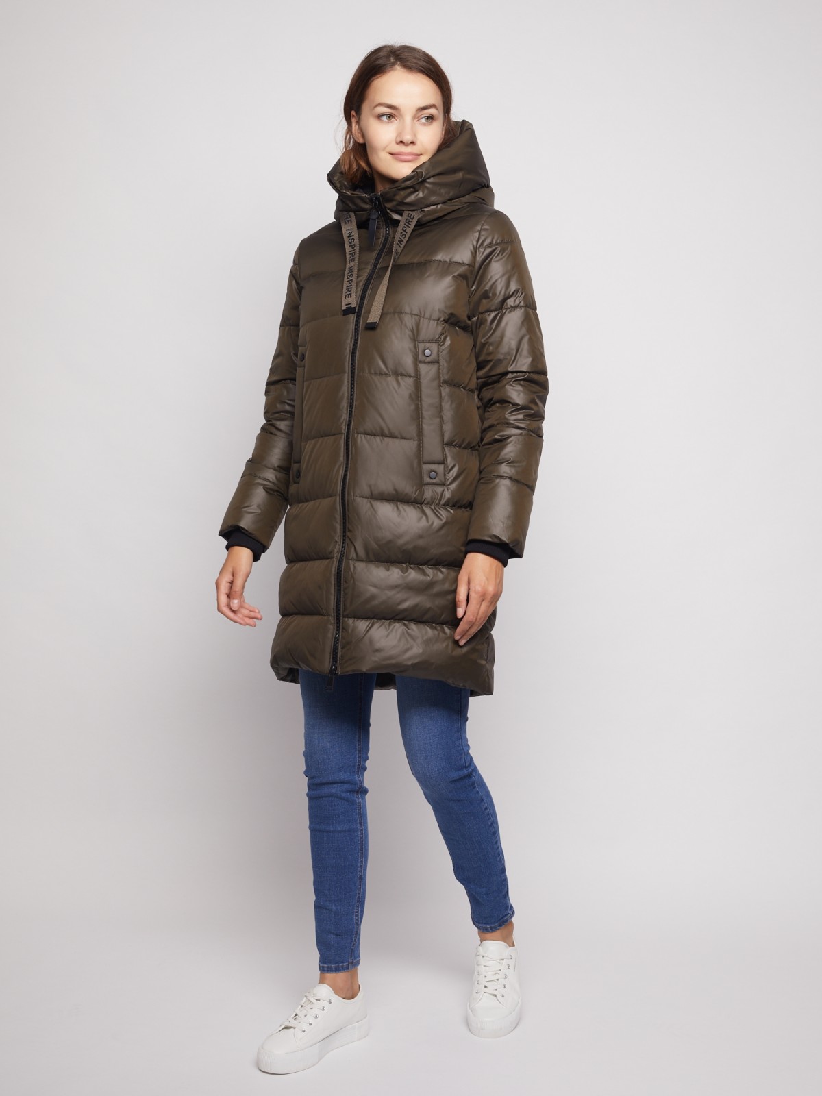 фото Утеплённое пальто с капюшоном zolla, цвет хаки, размер xs