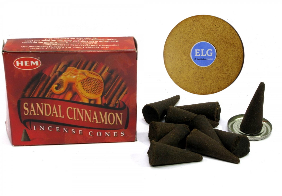  Благовония HEM конусы Сандал Корица (Sandal -Cinnamon) упаковка 10 конусов + подставка ELG