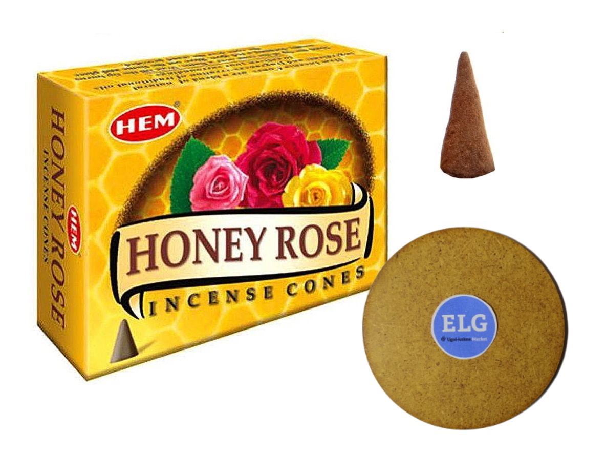 фото Благовония hem конусы мед роза (honey rose) упаковка 10 конусов + подставка elg