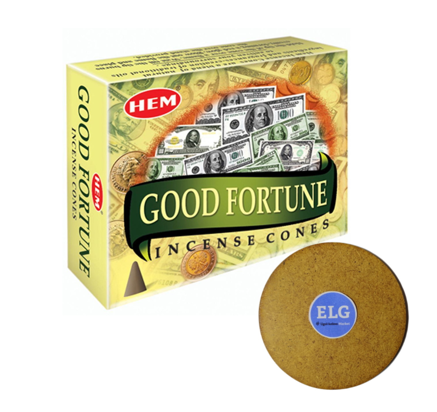 фото Благовония hem конусы удача (good fortune) упаковка 10 конусов + подставка круглая elg