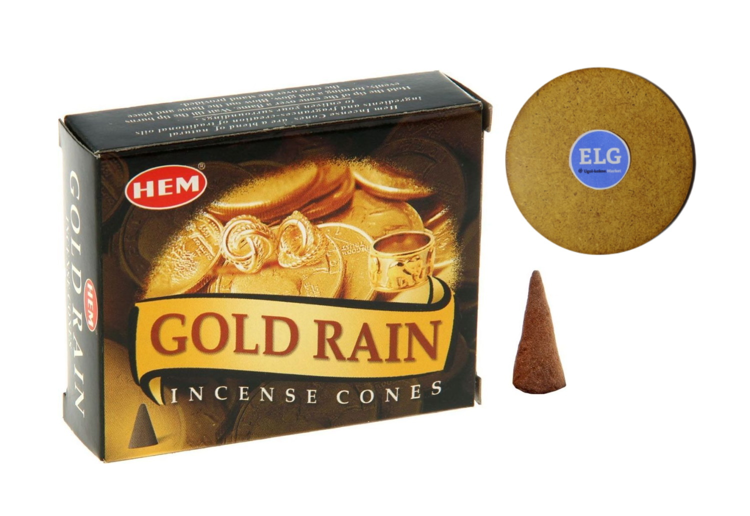 фото Благовония hem конусы золотой дождь (gold rain) упаковка 10 конусов + подставка elg