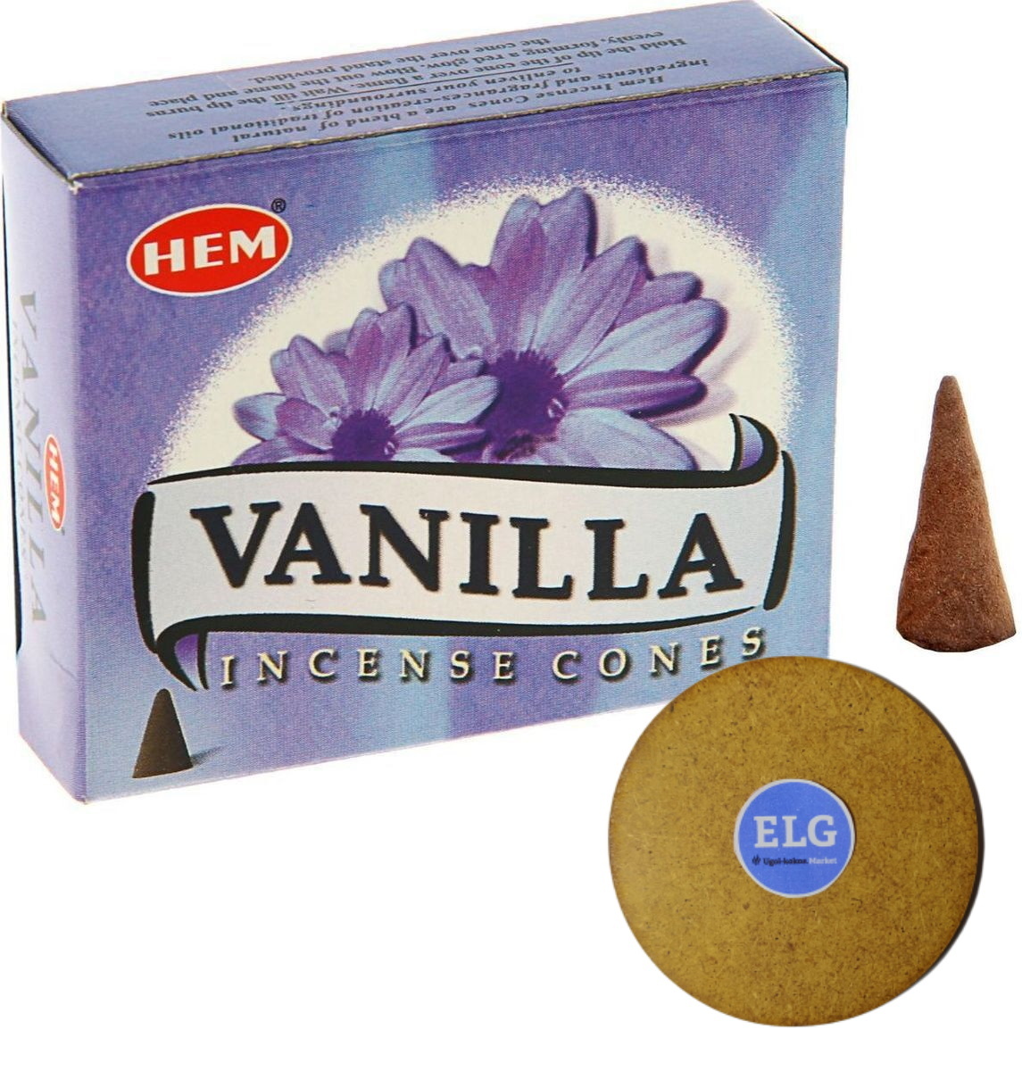 фото Благовония hem конусы ваниль (vanilla) упаковка 10 конусов + подставка elg